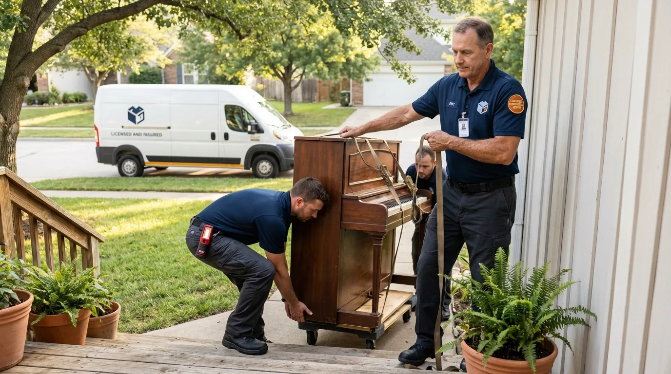 Licensed piano movers securing grand piano in Fulton, MO