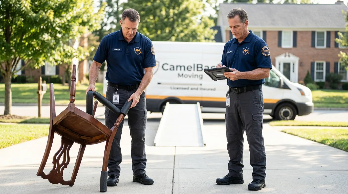 Movers inspecting furniture for damage prevention before loading in Fulton, MO