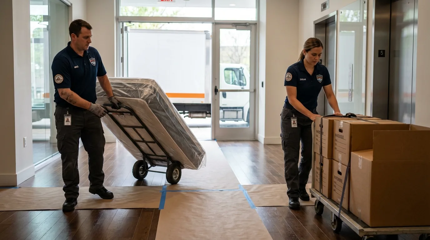 Professional apartment movers loading elevator in Fulton, MO