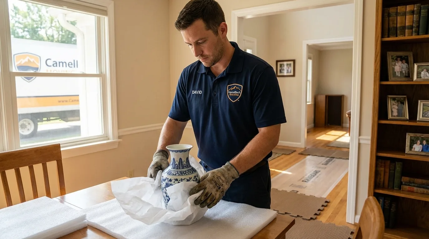 Professional crew carefully wrapping antique vase for senior downsizing move in Fulton, MO